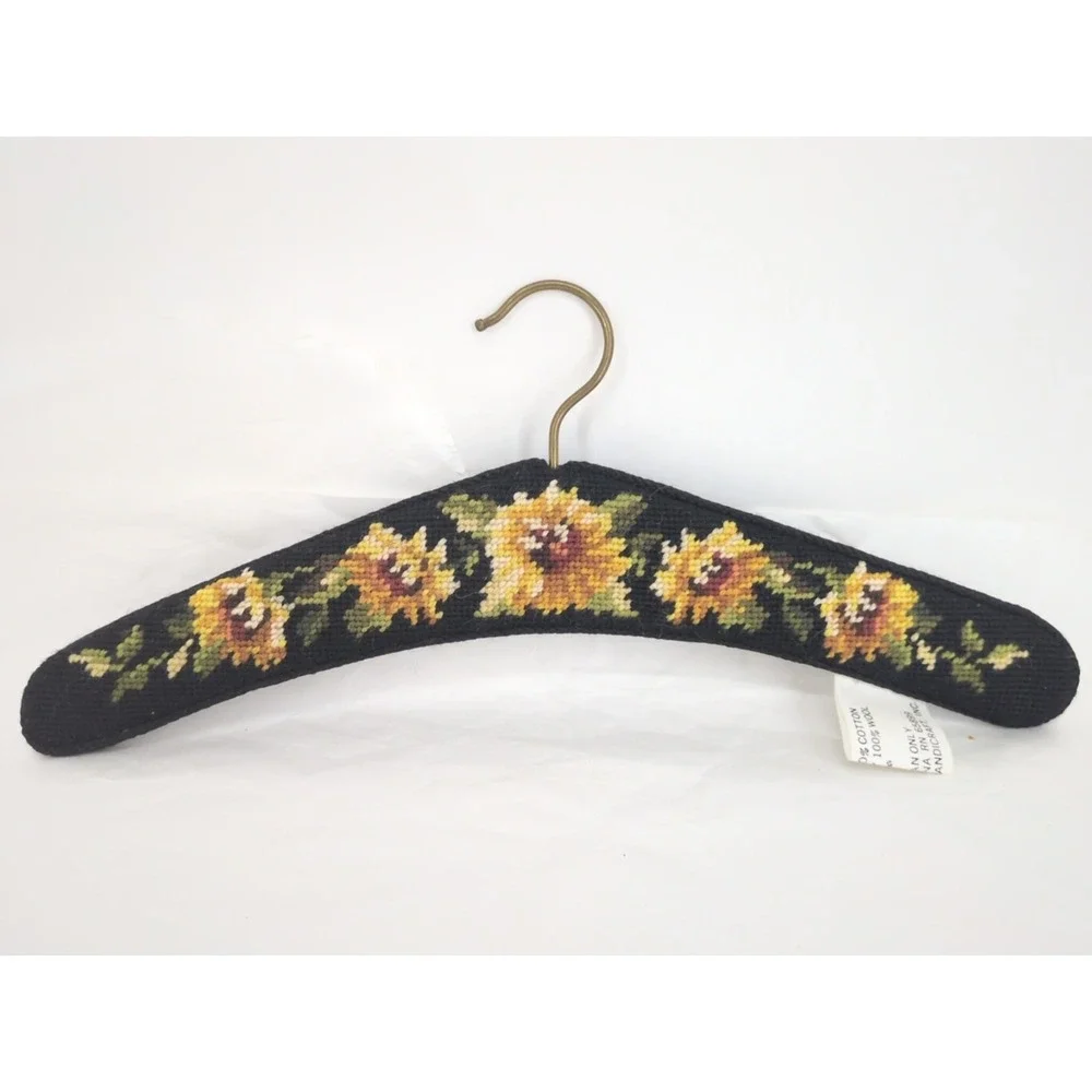 Vintage Needlepoint Clothes Hanger Peking Handicraft Floral Tapestry Roses